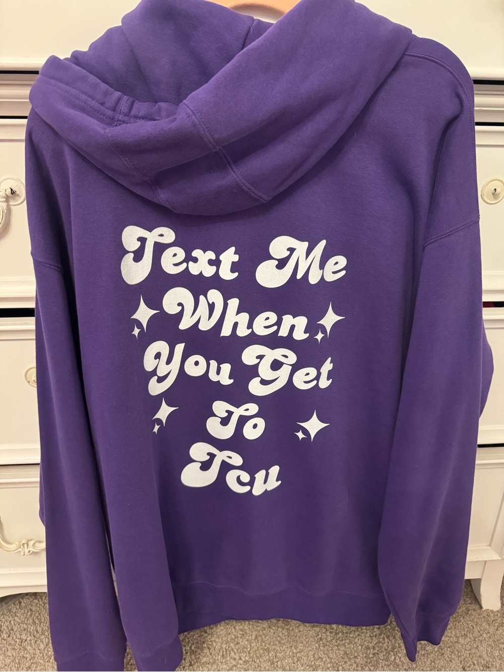 Purple Graphic Hoodie with White 'Text Me When You Get To Tcu' Print